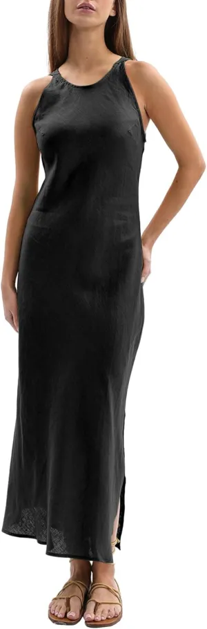Amazhiyu Women's 100% Linen Summer Sleevelesss Splits Bodycon Maxi Dresses Casual