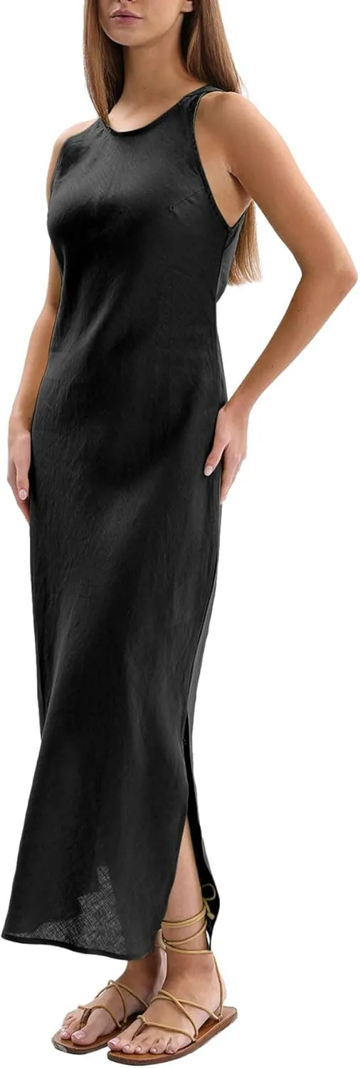 Amazhiyu Women's 100% Linen Summer Sleevelesss Splits Bodycon Maxi Dresses Casual