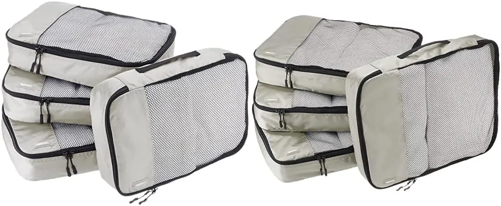 Amazon Basics 4 Piece Packing Travel Organizer Cubes Set - Medium, Grey & 4 Piece Packing Travel Organizer Cubes Set - Large, Grey