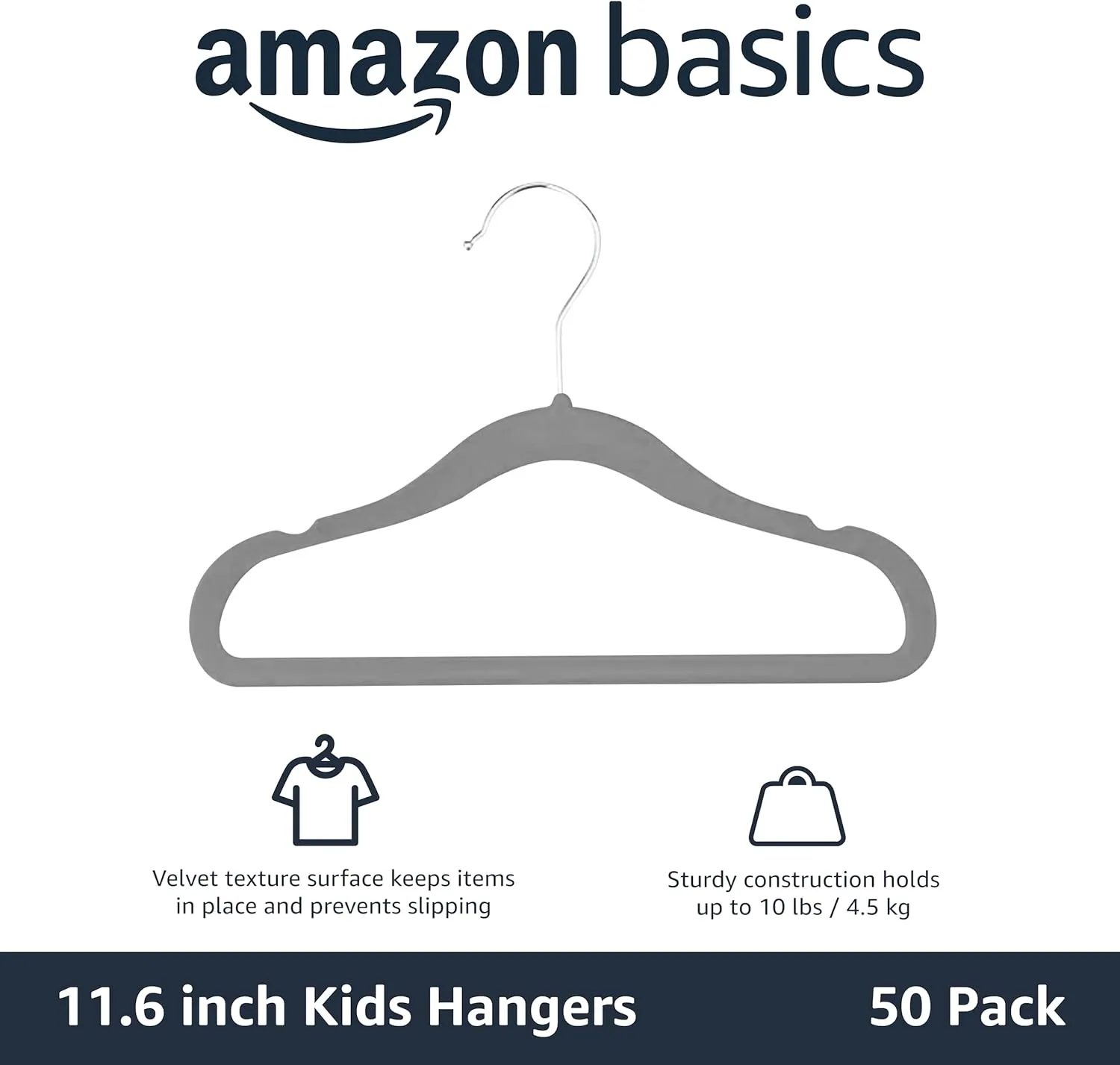 Amazon Basics Kids Velvet, Non-Slip Clothes Hangers for Infant and Toddler, 11.6 inches (for baby clothes), Pack of 50, Gray