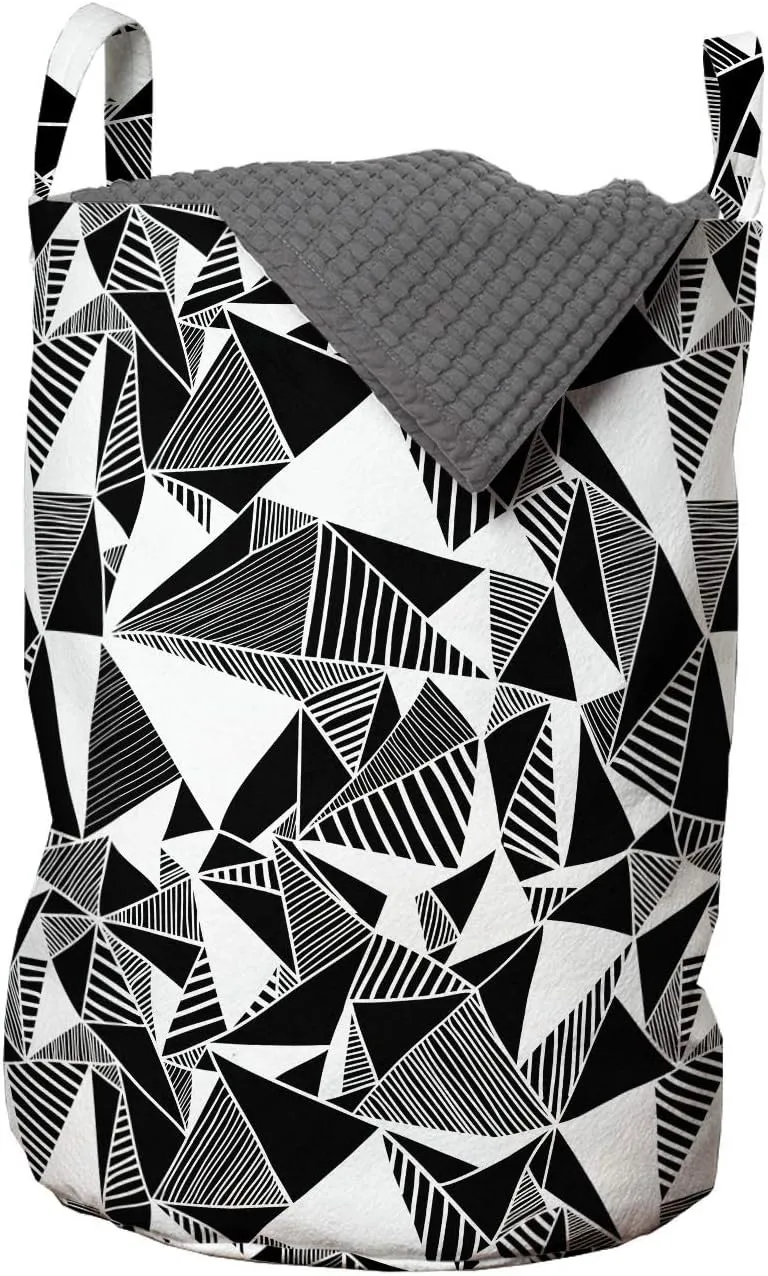 Ambesonne Abstract Laundry Bag, Modern Monochrome Fractal Geometry Theme with Triangle Tiles Repeat in Rhythm, Hamper Basket with Handles Drawstring Closure for Laundromats, 13" x 19", Black and White