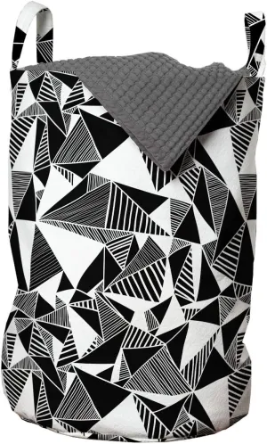 Ambesonne Abstract Laundry Bag, Modern Monochrome Fractal Geometry Theme with Triangle Tiles Repeat in Rhythm, Hamper Basket with Handles Drawstring Closure for Laundromats, 13" x 19", Black and White