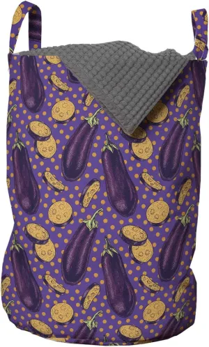 Ambesonne Eggplant Laundry Bag, Realistic Looking Eggplants with Eighties Inspired and Dotted Purple Background, Hamper Basket with Handles Drawstring Closure for Laundromats, 13" x 19", Purple Orange