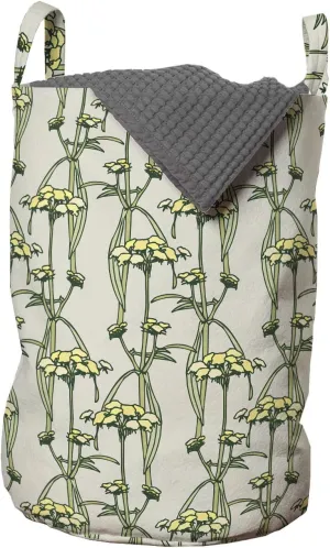 Ambesonne Floral Laundry Bag, Garden Art with Vertical Stalks Ornamental Botany Theme Vintage Art, Hamper Basket with Handles Drawstring Closure for Laundromats, 13" x 19", Pale Green Yellow