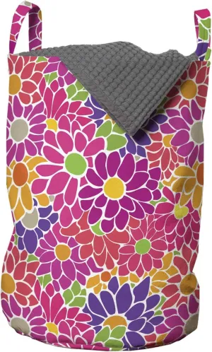 Ambesonne Floral Laundry Bag, Rhythmic 90's Style Simplistic Retro Flair Drawn Colorful Arrangement, Hamper Basket with Handles Drawstring Closure for Laundromats, 13" x 19", Hot Pink and Multicolor