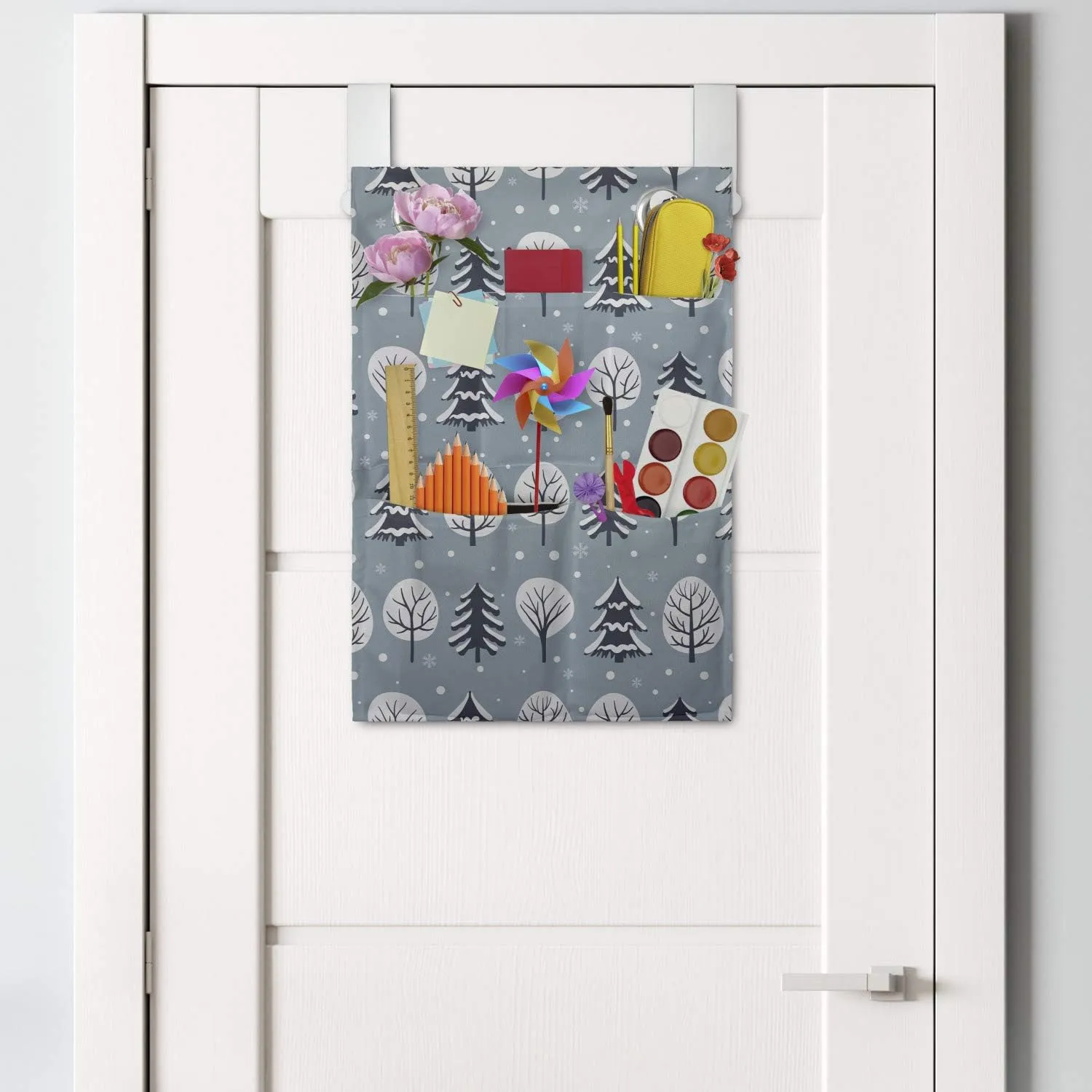 Ambesonne Forest Hanging Pocket Organizer, Winter Theme Natural Demonstration Scene of Snowy Trees and Snowflakes Motifs, Printed Polyester Storage Bag with Pockets, 14" x 20", Blue Grey