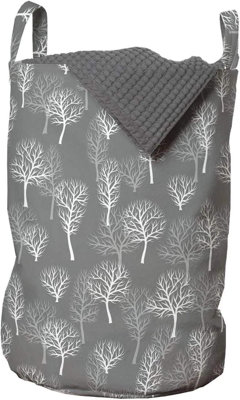 Ambesonne Forest Laundry Bag, Nature Eco Pattern with Winter Woodland Deciduous Trees, Hamper Basket with Handles Drawstring Closure for Laundromats, 13" x 19", Dimgray White