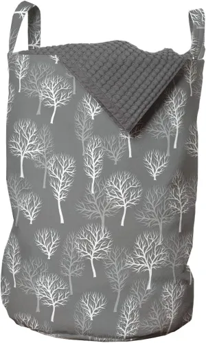 Ambesonne Forest Laundry Bag, Nature Eco Pattern with Winter Woodland Deciduous Trees, Hamper Basket with Handles Drawstring Closure for Laundromats, 13" x 19", Dimgray White