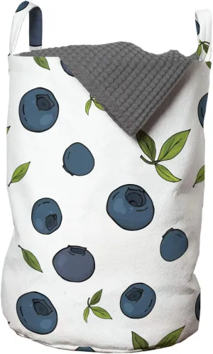 Ambesonne Fruit Laundry Bag, Rhythmic Blueberries on Plain Background, Hamper Basket with Handles Drawstring Closure for Laundromats, 13" x 19", Petrol Blue White Green