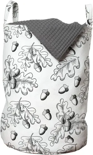 Ambesonne Oak Tree Laundry Bag, Acorn Nut of Plant Foliage Woodland Food of Squirrel Animals Mono Colors, Hamper Basket with Handles Drawstring Closure for Laundromats, 13" x 19", White and Dark Grey