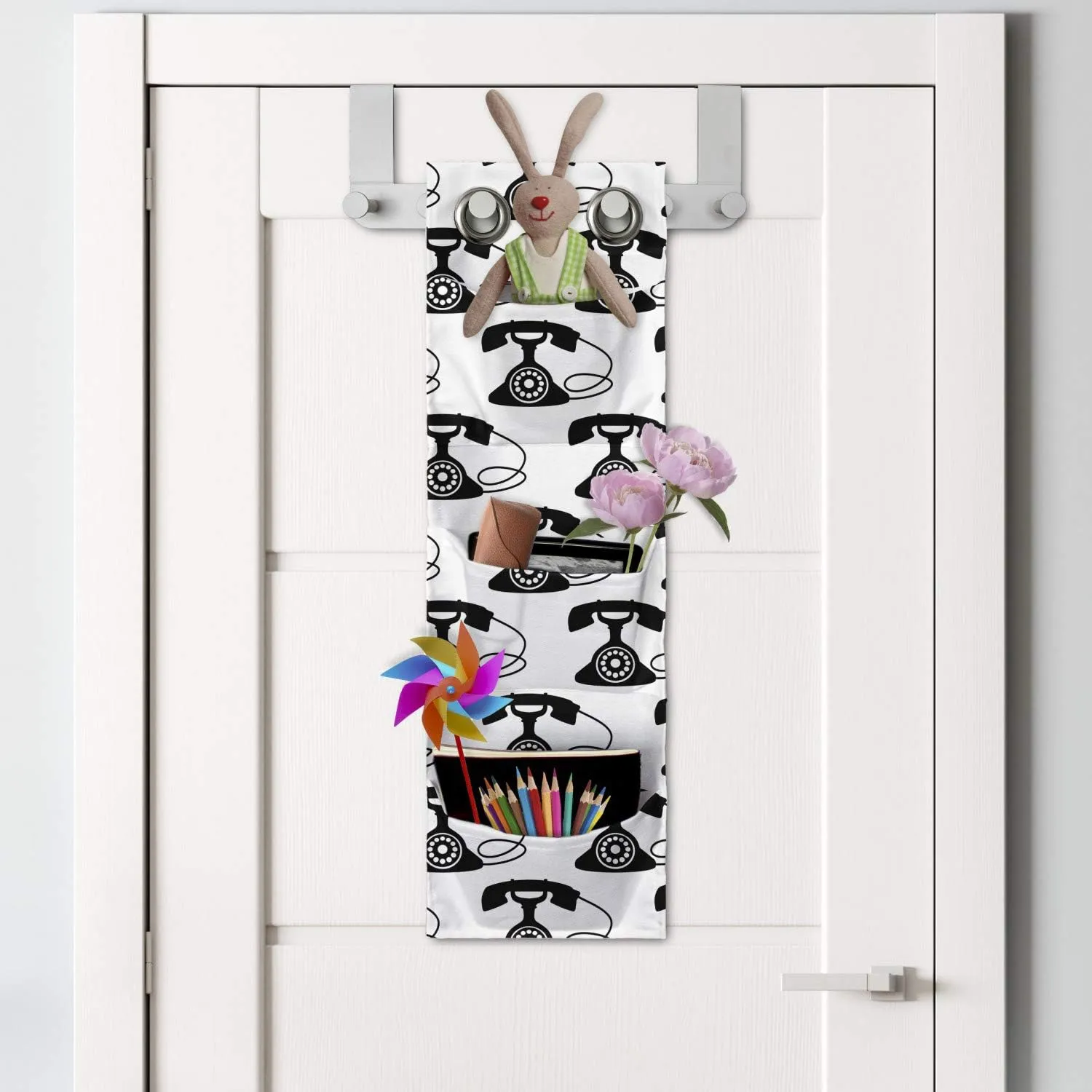 Ambesonne Retro Hanging Pocket Organizer, Rotary Dial Silhouettes Repetitive Telephones Images on Plain Background, Printed Polyester Storage Bag with Pockets, 9" x 27", Charcoal Grey and White