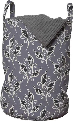 Ambesonne Victorian Laundry Bag, Ornamental Autumn Garden Inspiration with Blossoms Curly Motif, Hamper Basket with Handles Drawstring Closure for Laundromats, 13" x 19", Dimgrey Black Beige
