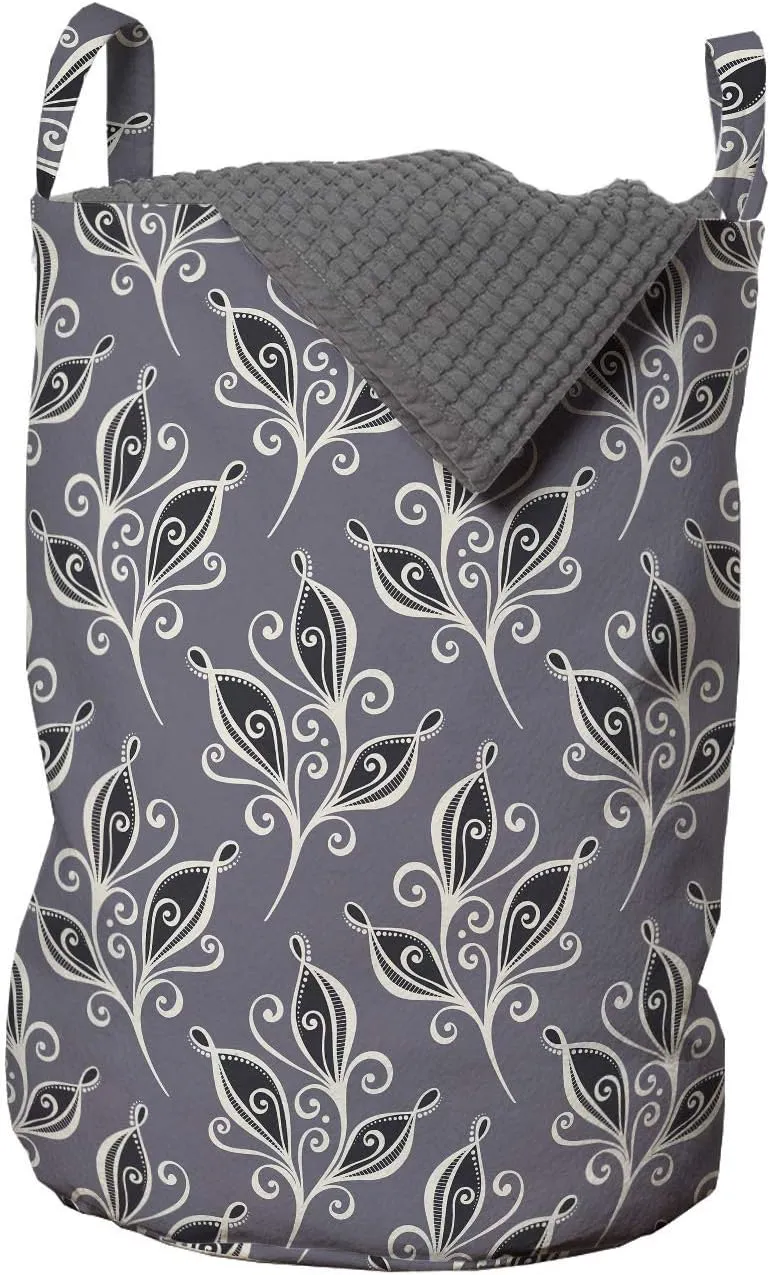 Ambesonne Victorian Laundry Bag, Ornamental Autumn Garden Inspiration with Blossoms Curly Motif, Hamper Basket with Handles Drawstring Closure for Laundromats, 13" x 19", Dimgrey Black Beige