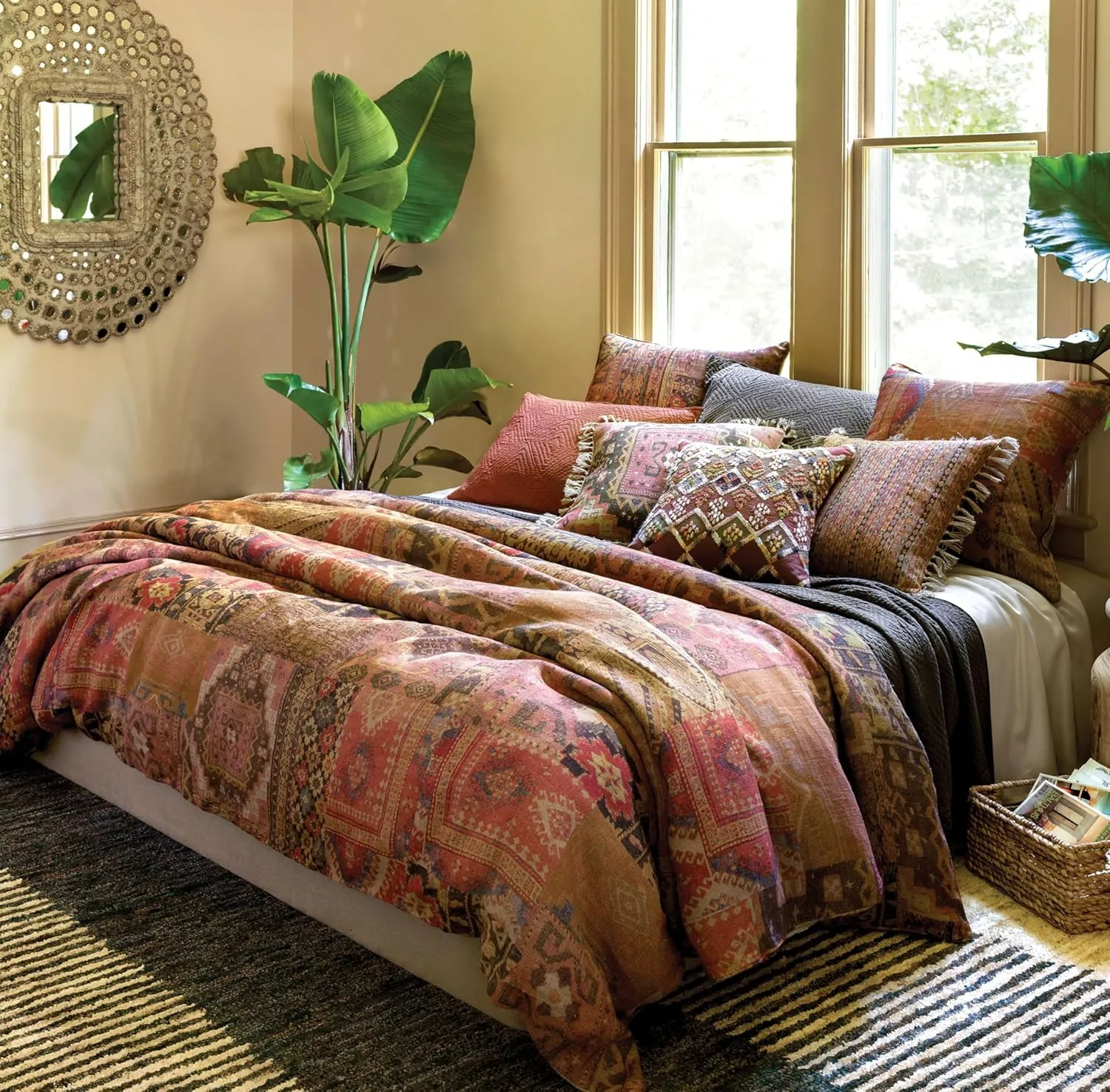 Anatolia Linen Duvet Cover, King Size, Yellow/Orange/Brown Graphic Pattern
