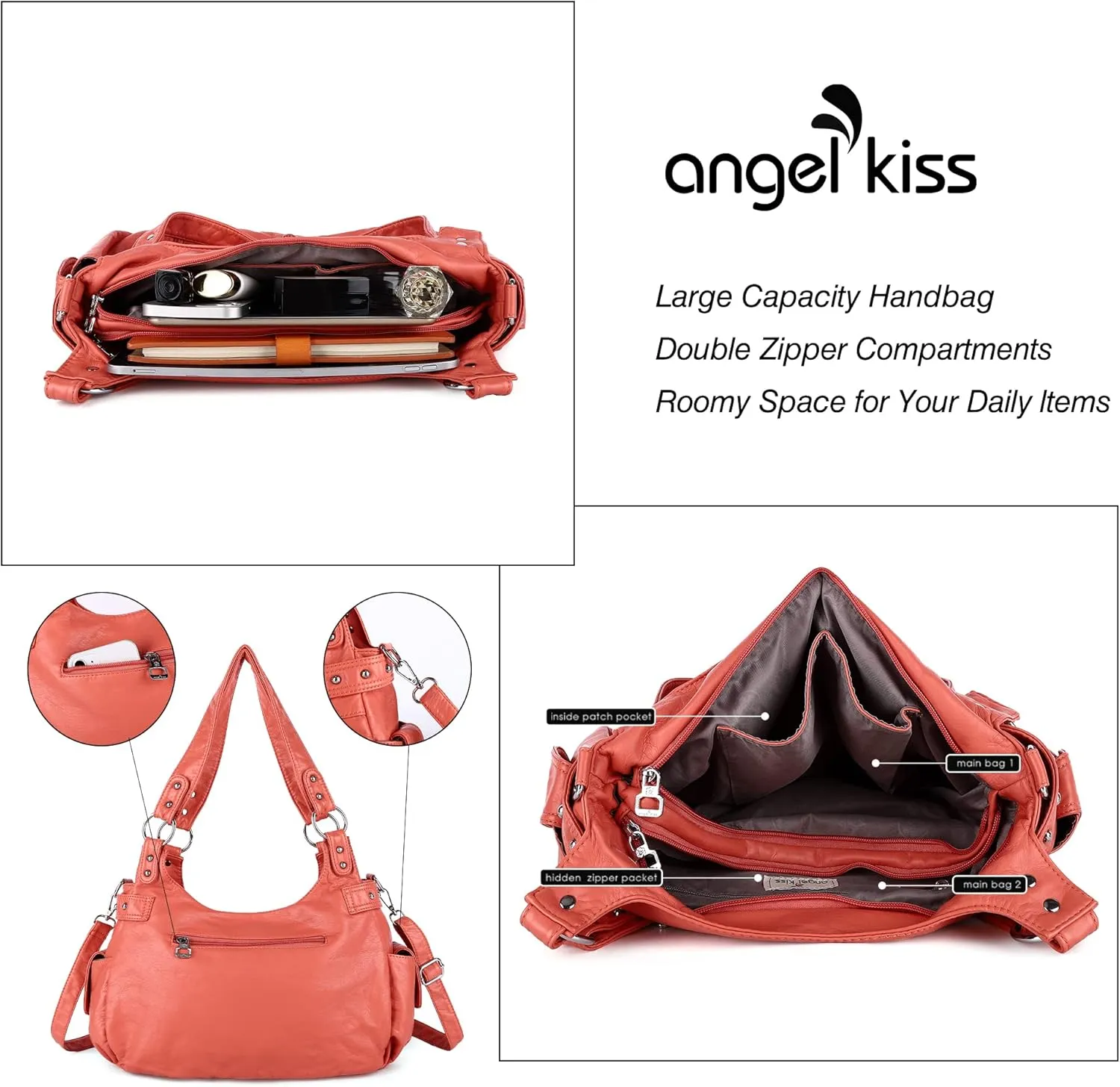 Angelkiss Large Purses and Handbags for Women Washed Faux Leather Crossbody Hobo Satchel Shoulder Handbag Tote Purse