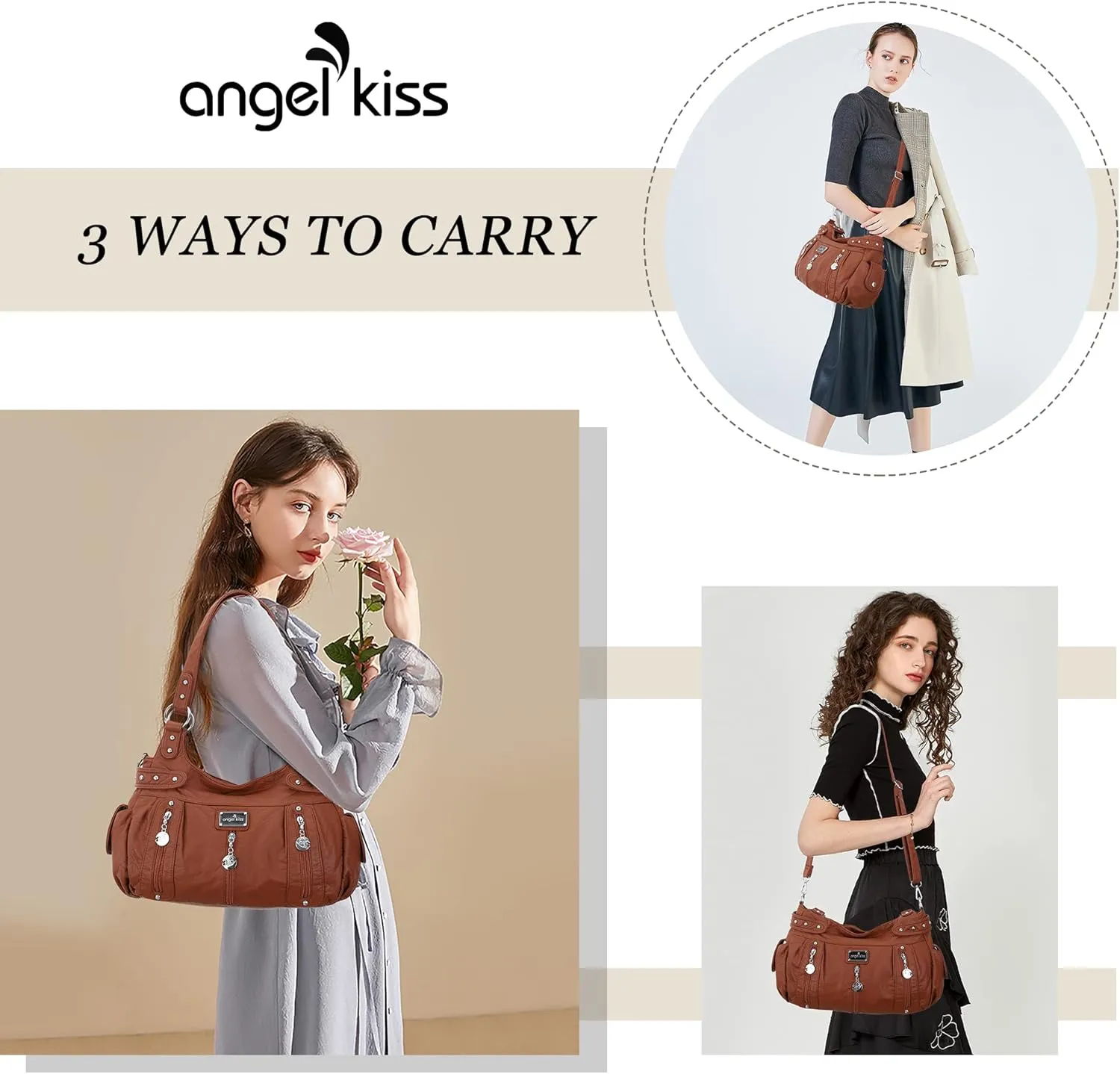 Angelkiss Large Purses and Handbags for Women Washed Faux Leather Crossbody Hobo Satchel Shoulder Handbag Tote Purse