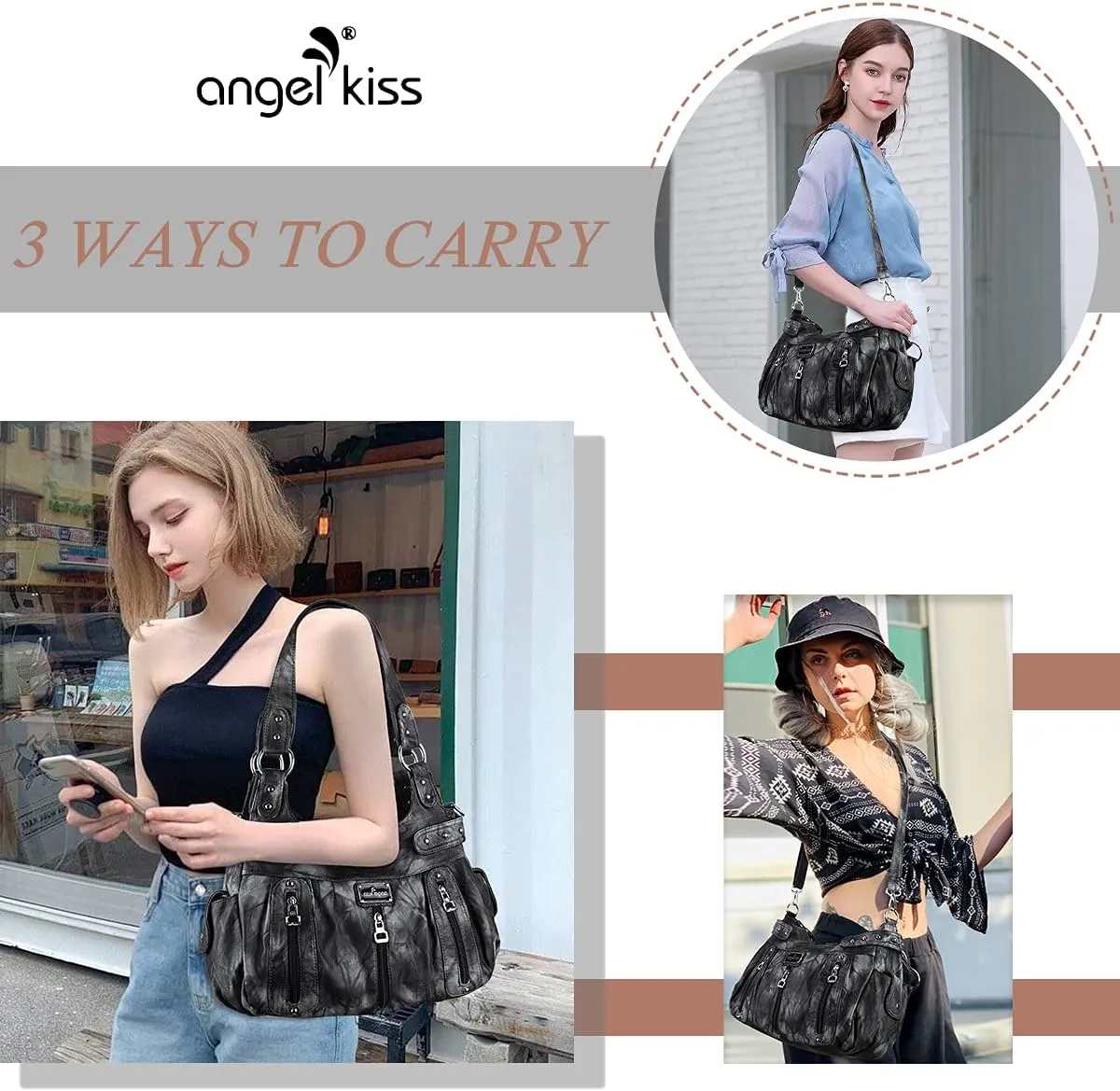 Angelkiss Large Purses and Handbags for Women Washed Faux Leather Crossbody Hobo Satchel Shoulder Handbag Tote Purse