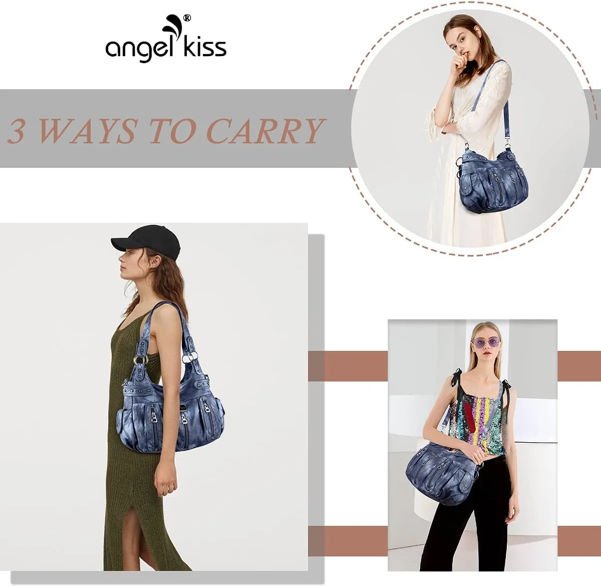 Angelkiss Large Purses and Handbags for Women Washed Faux Leather Crossbody Hobo Satchel Shoulder Handbag Tote Purse