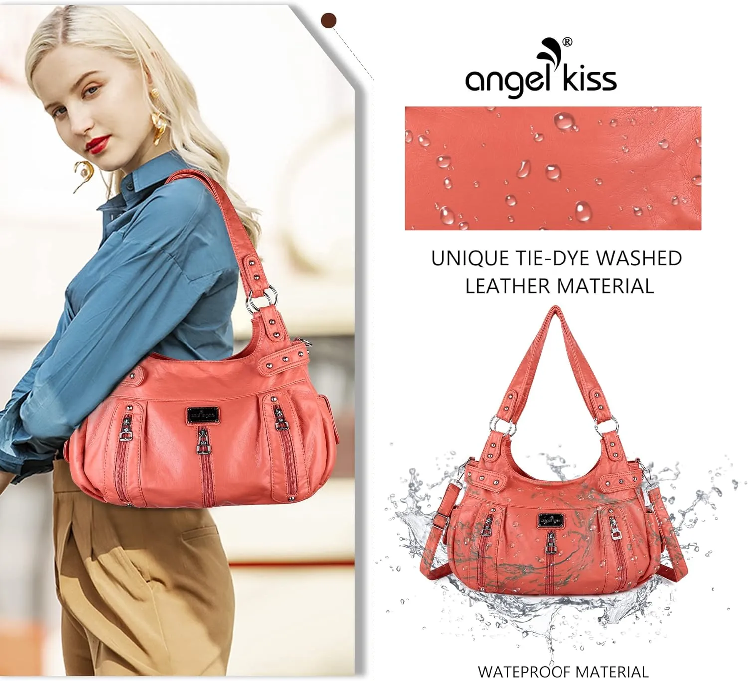 Angelkiss Large Purses and Handbags for Women Washed Faux Leather Crossbody Hobo Satchel Shoulder Handbag Tote Purse