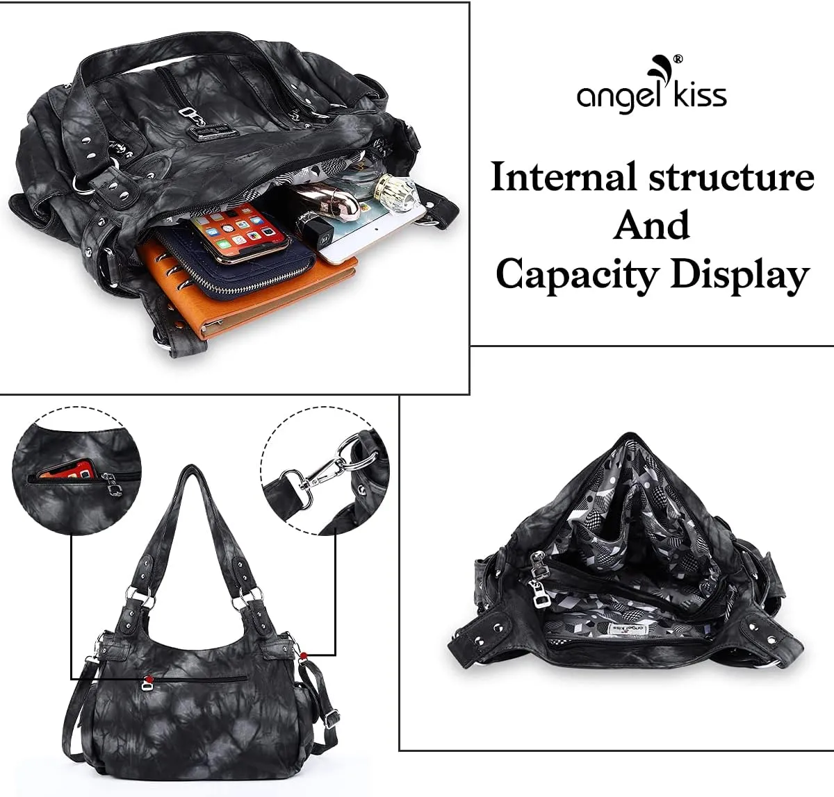Angelkiss Large Purses and Handbags for Women Washed Faux Leather Crossbody Hobo Satchel Shoulder Handbag Tote Purse