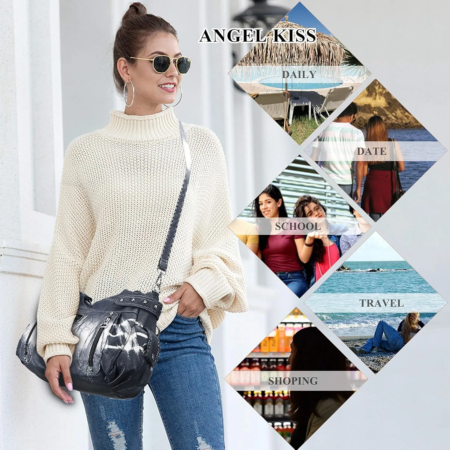 Angelkiss Large Purses and Handbags for Women Washed Faux Leather Crossbody Hobo Satchel Shoulder Handbag Tote Purse