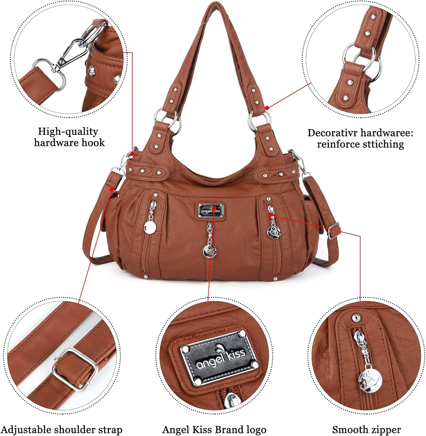 Angelkiss Large Purses and Handbags for Women Washed Faux Leather Crossbody Hobo Satchel Shoulder Handbag Tote Purse