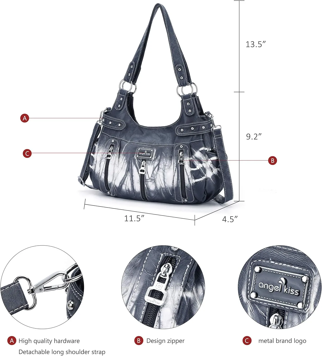Angelkiss Large Purses and Handbags for Women Washed Faux Leather Crossbody Hobo Satchel Shoulder Handbag Tote Purse