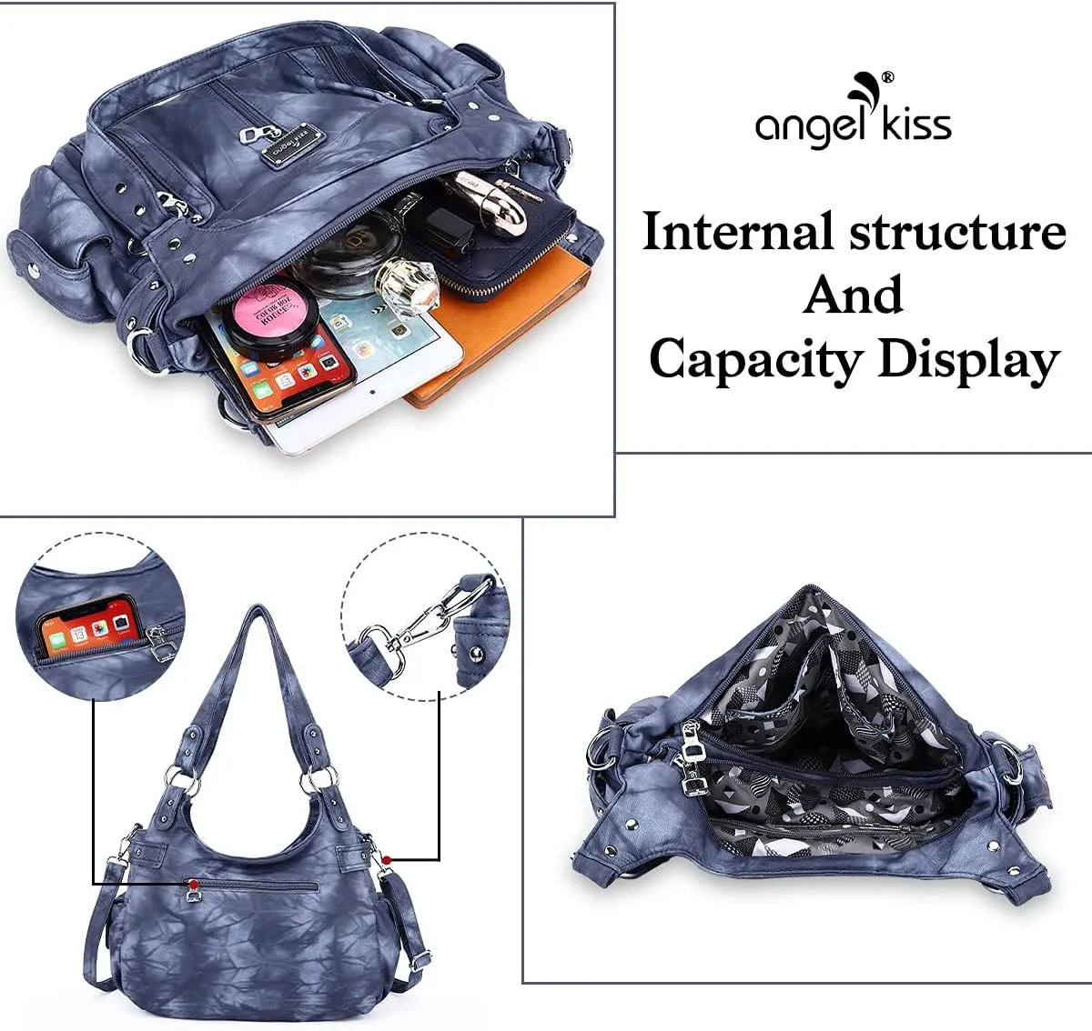 Angelkiss Large Purses and Handbags for Women Washed Faux Leather Crossbody Hobo Satchel Shoulder Handbag Tote Purse