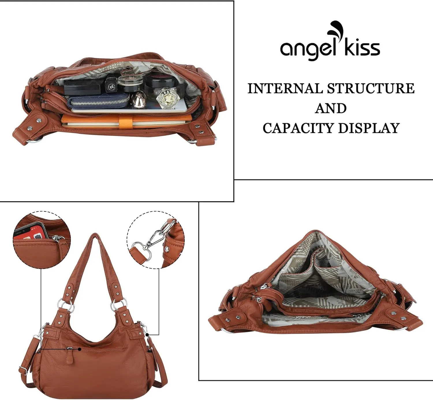Angelkiss Large Purses and Handbags for Women Washed Faux Leather Crossbody Hobo Satchel Shoulder Handbag Tote Purse