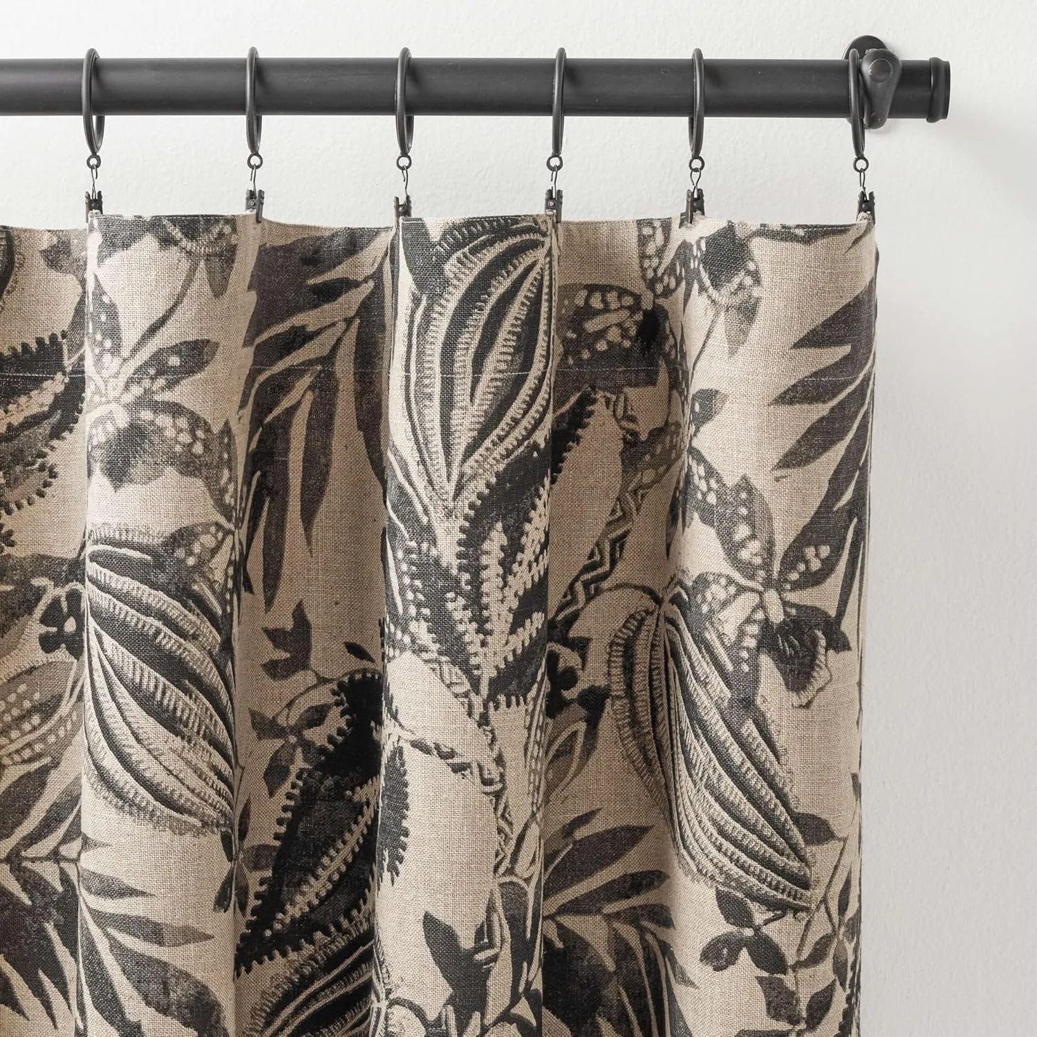 Antigua Linen Black Curtain Panel, 50" W x 84" L, Black Floral Pattern