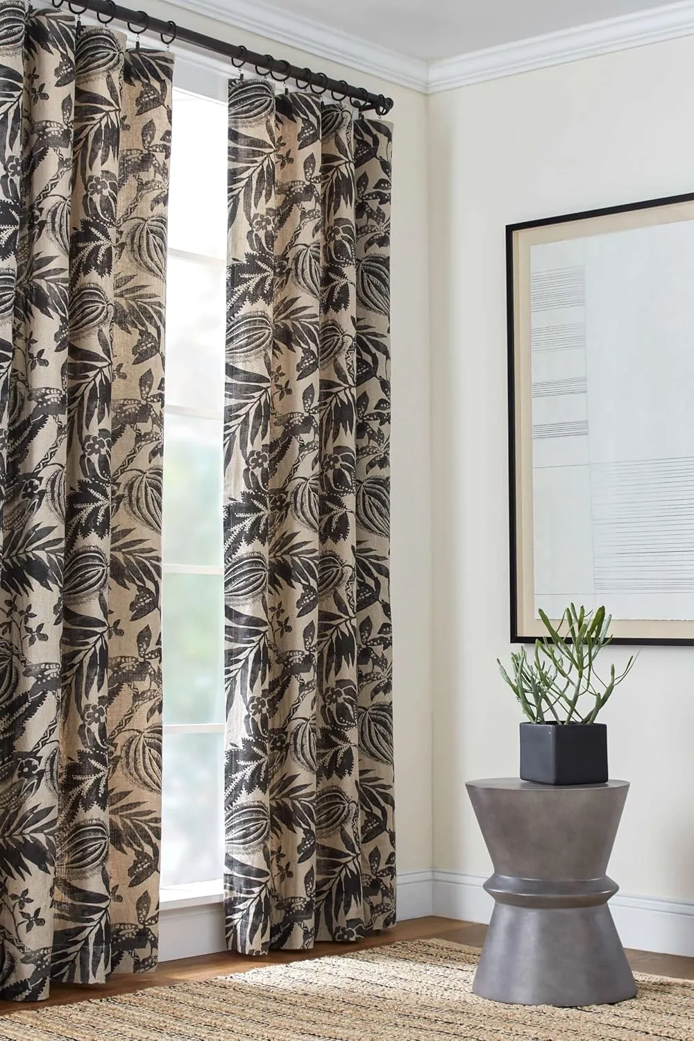 Antigua Linen Black Curtain Panel, 50" W x 84" L, Black Floral Pattern
