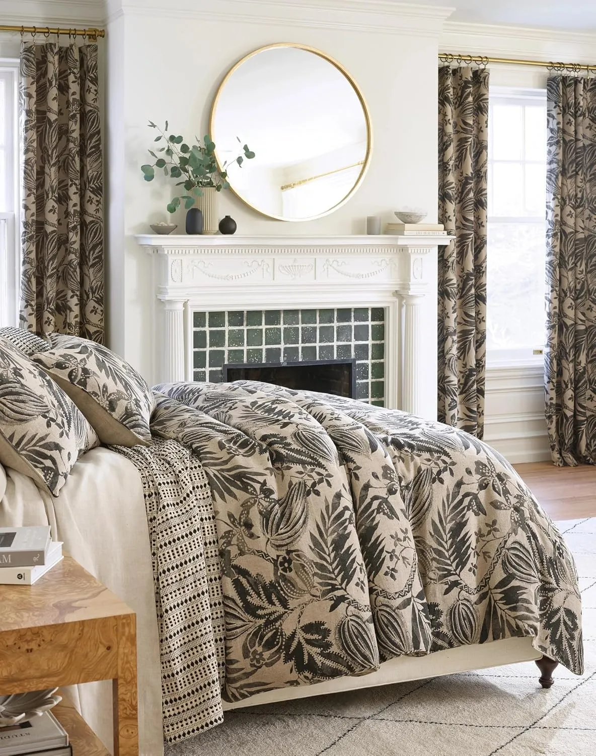 Antigua Linen Black Curtain Panel, 50" W x 84" L, Black Floral Pattern