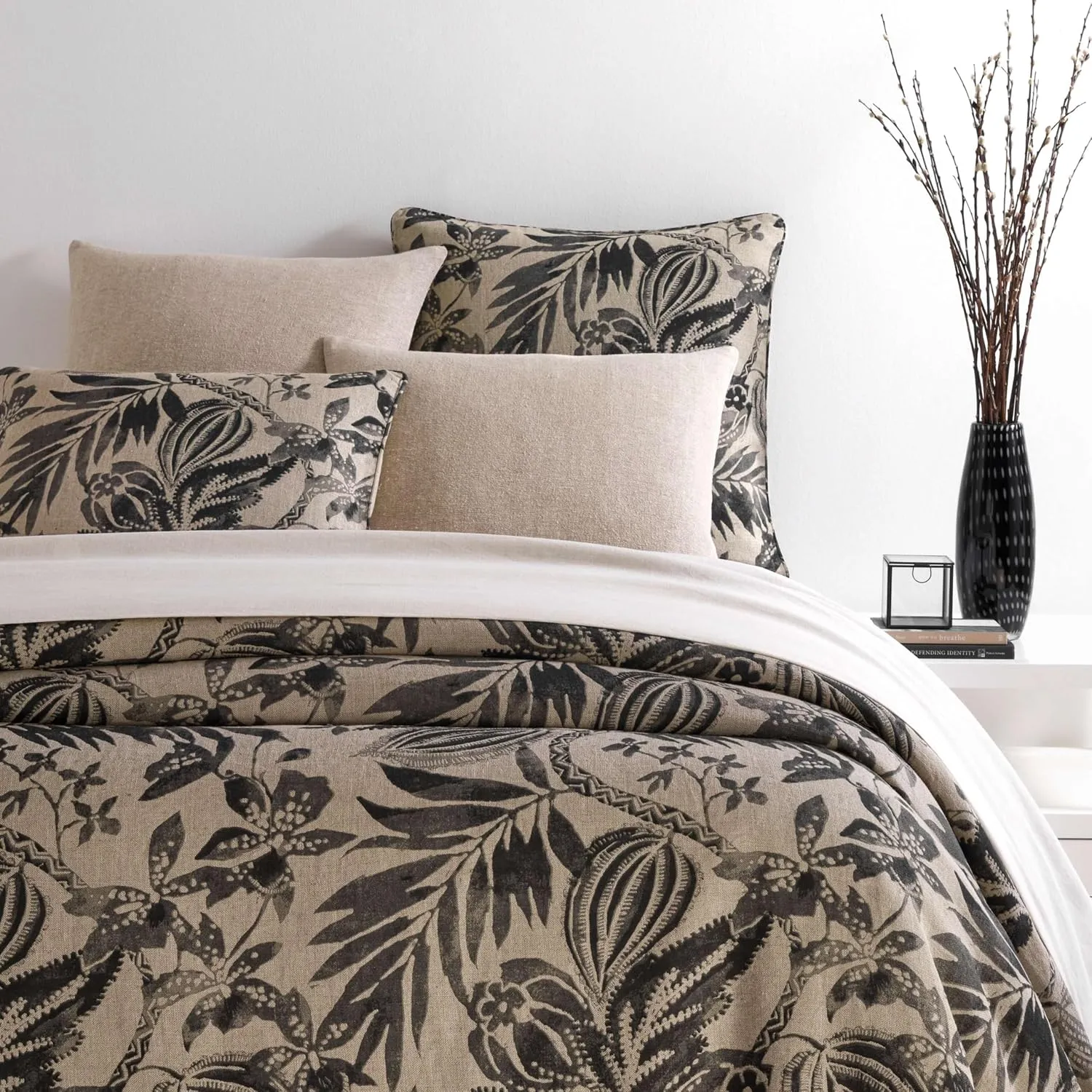 Antigua Linen Black Sham, Euro Size, Black Floral Pattern