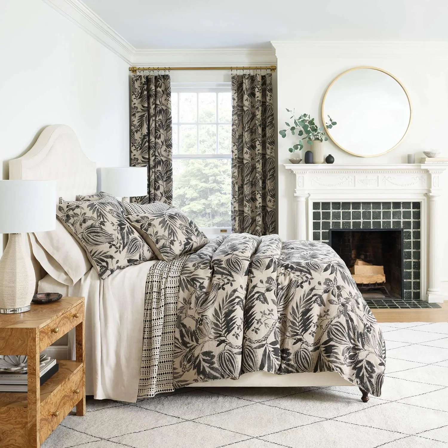 Antigua Linen Black Sham, Euro Size, Black Floral Pattern