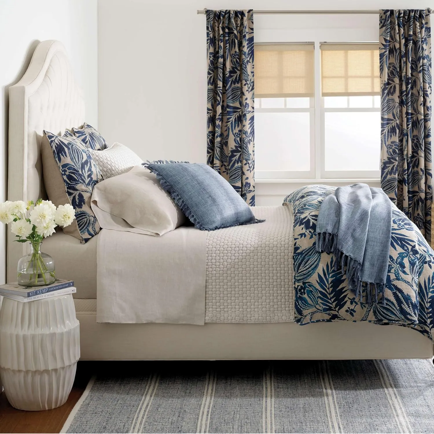 Antigua Linen Curtain Panel, 50" W x 108" L, Blue Floral Pattern
