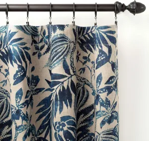 Antigua Linen Curtain Panel, 50" W x 108" L, Blue Floral Pattern