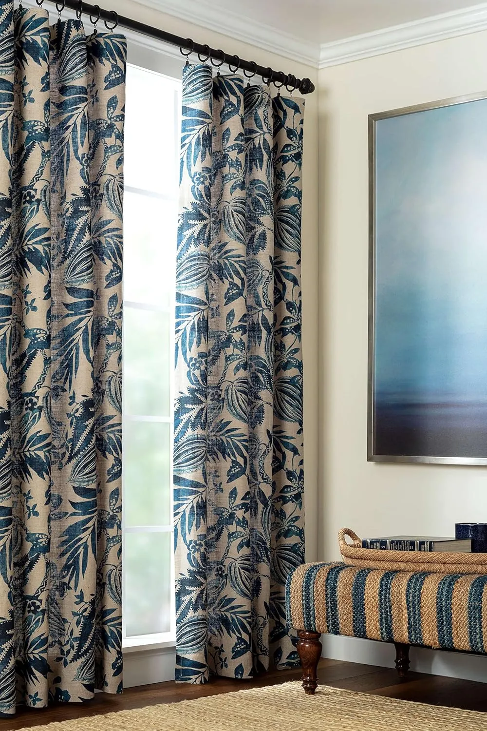 Antigua Linen Curtain Panel, 50" W x 108" L, Blue Floral Pattern