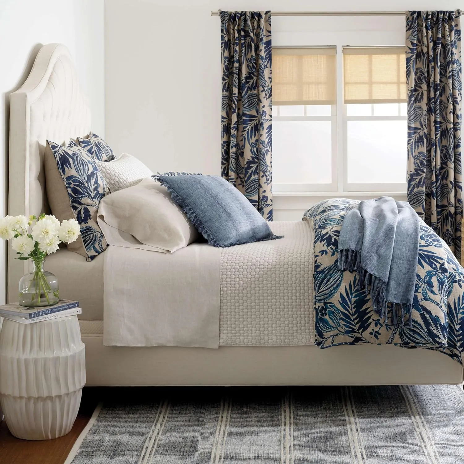Antigua Linen Duvet Sham, Euro Size, Blue Floral Pattern