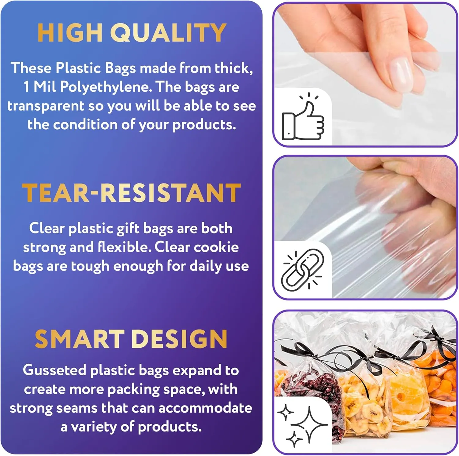 APQ Clear Gusseted Poly Bags, 10 x 8 x 20 Inches. Pack of 1000 Waterproof Side Gusseted Plastic Bags with Open Top. 2 Mil Thick Flat Bottom Clear Bag for Packaging Popcorn, Cookies, Bread
