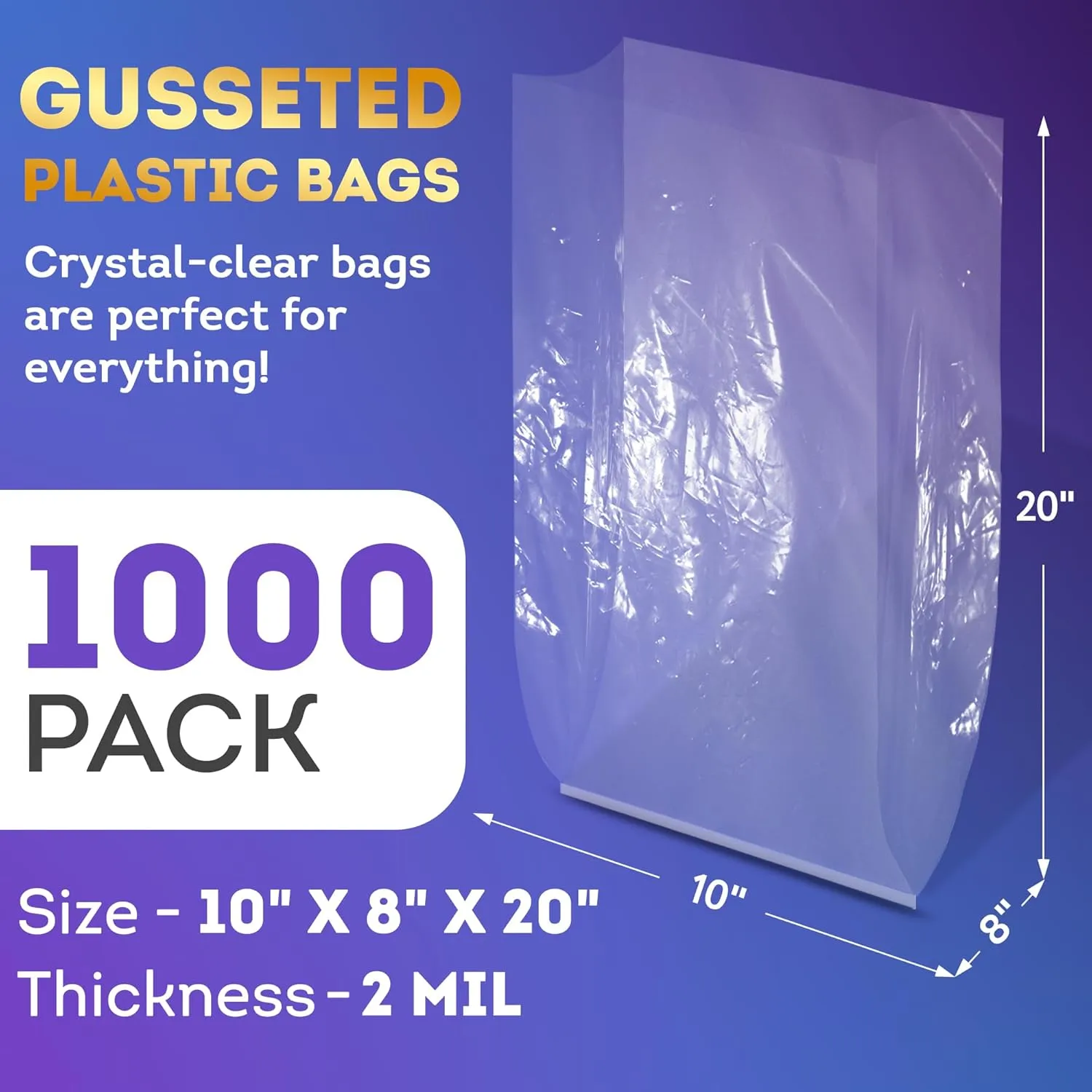 APQ Clear Gusseted Poly Bags, 10 x 8 x 20 Inches. Pack of 1000 Waterproof Side Gusseted Plastic Bags with Open Top. 2 Mil Thick Flat Bottom Clear Bag for Packaging Popcorn, Cookies, Bread