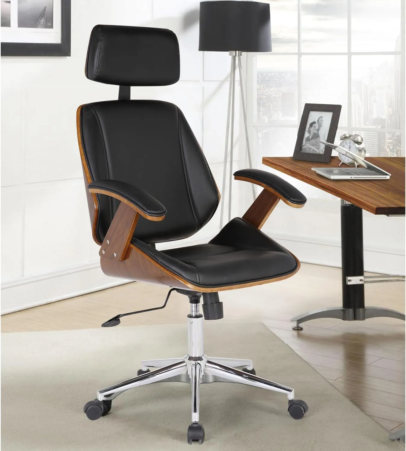 Armen Living Century Office Chair in Black Faux Leather and Walnut Wood, Chrome Finish