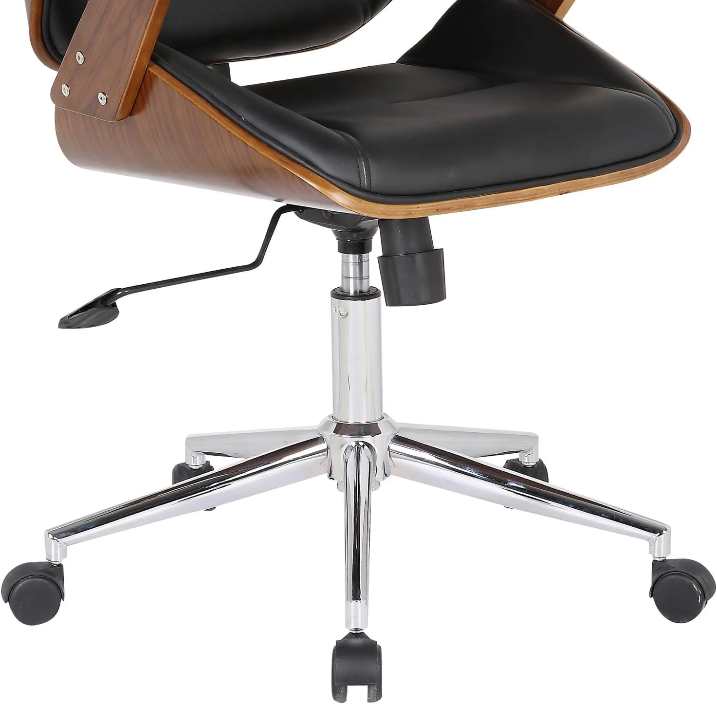 Armen Living Century Office Chair in Black Faux Leather and Walnut Wood, Chrome Finish