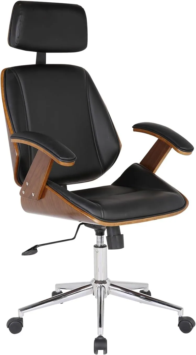 Armen Living Century Office Chair in Black Faux Leather and Walnut Wood, Chrome Finish