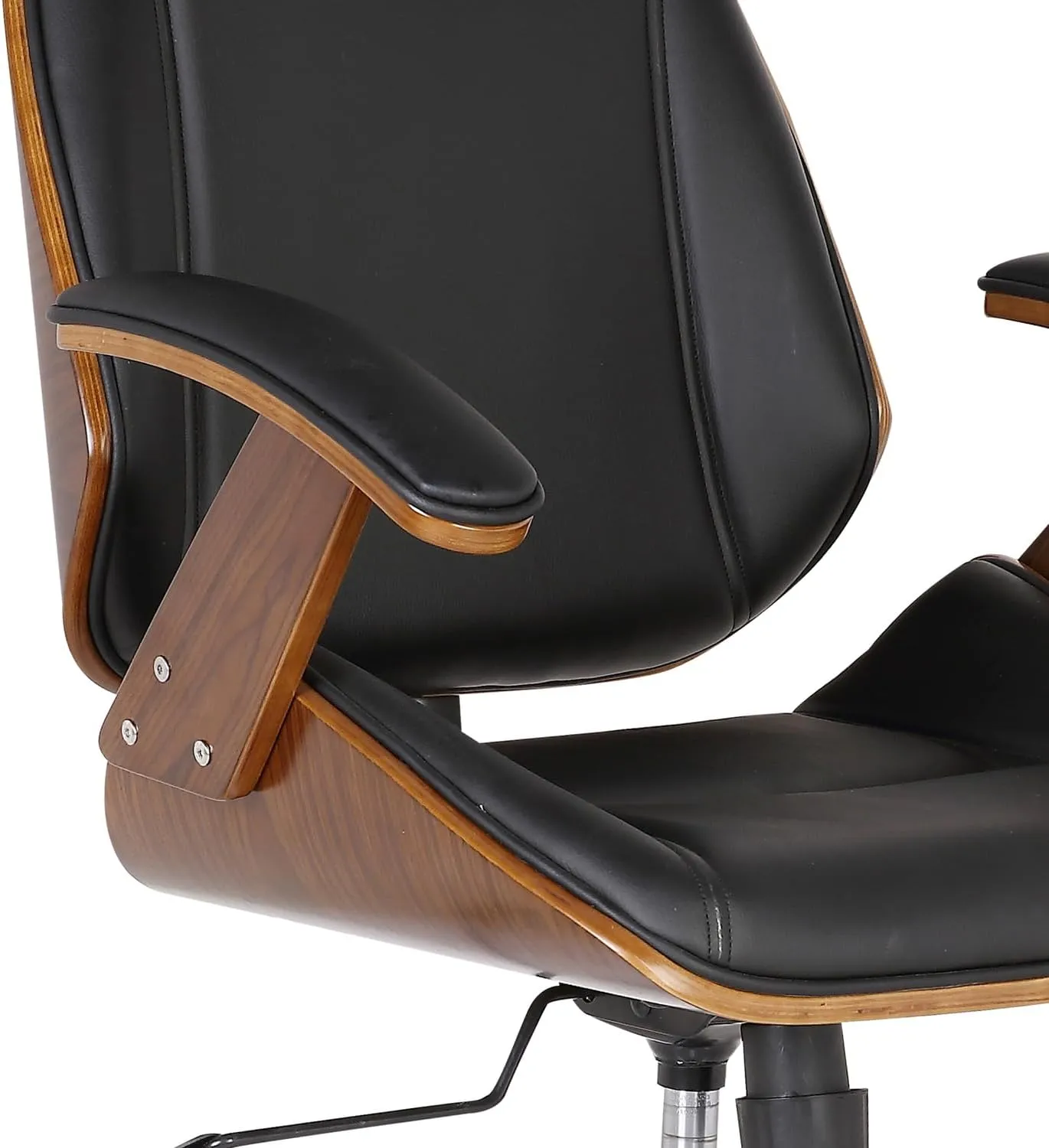 Armen Living Century Office Chair in Black Faux Leather and Walnut Wood, Chrome Finish