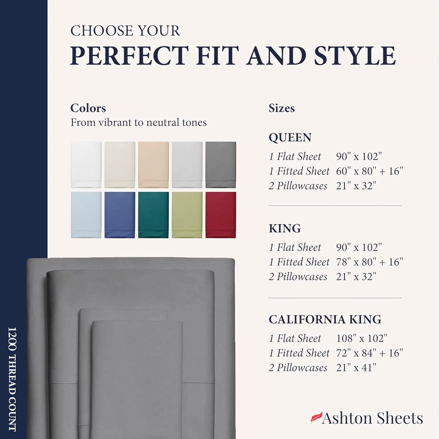 Ashton Sheets 100% Egyptian Cotton Sheets Queen Size - 1200 Thread Count 4 PC Queen Sheet Set Egyptian Cotton, Sateen Luxury Sheets Queen Size, High Thread Count Sheets, 17" Deep Pocket - Dark Grey