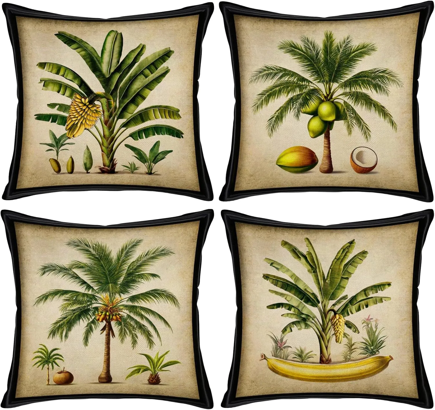 Asminifor Tropical Throw Pillow Covers Set of 4 Cotton Linen Summer Coconut Palm Banana Tree Green Leaf Throw Cushion Cover for Home Sofa Bed Car Couch, 18" x 18" (Tropical Plants)
