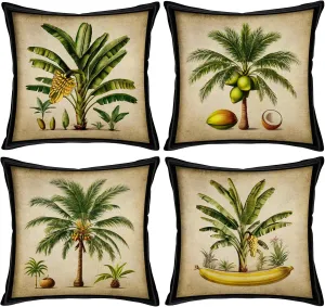 Asminifor Tropical Throw Pillow Covers Set of 4 Cotton Linen Summer Coconut Palm Banana Tree Green Leaf Throw Cushion Cover for Home Sofa Bed Car Couch, 18" x 18" (Tropical Plants)