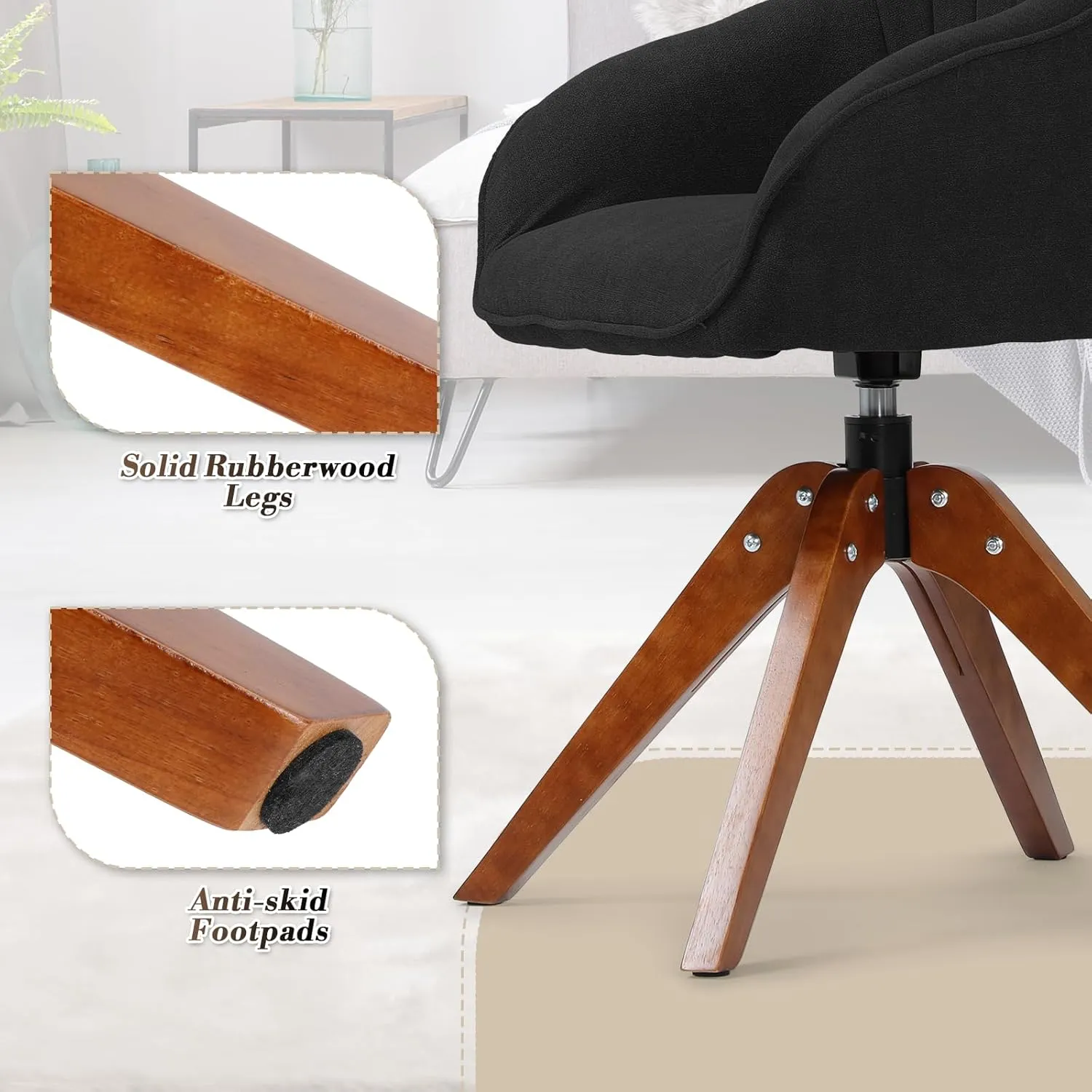 Athena Collection Modern Accent Chair, Comfy Swivel Reading Chair for Adults, Soft Upholstered Fabric Armchair with Wooden Legs for Living Room, Bedroom, Dorm, Office, Black