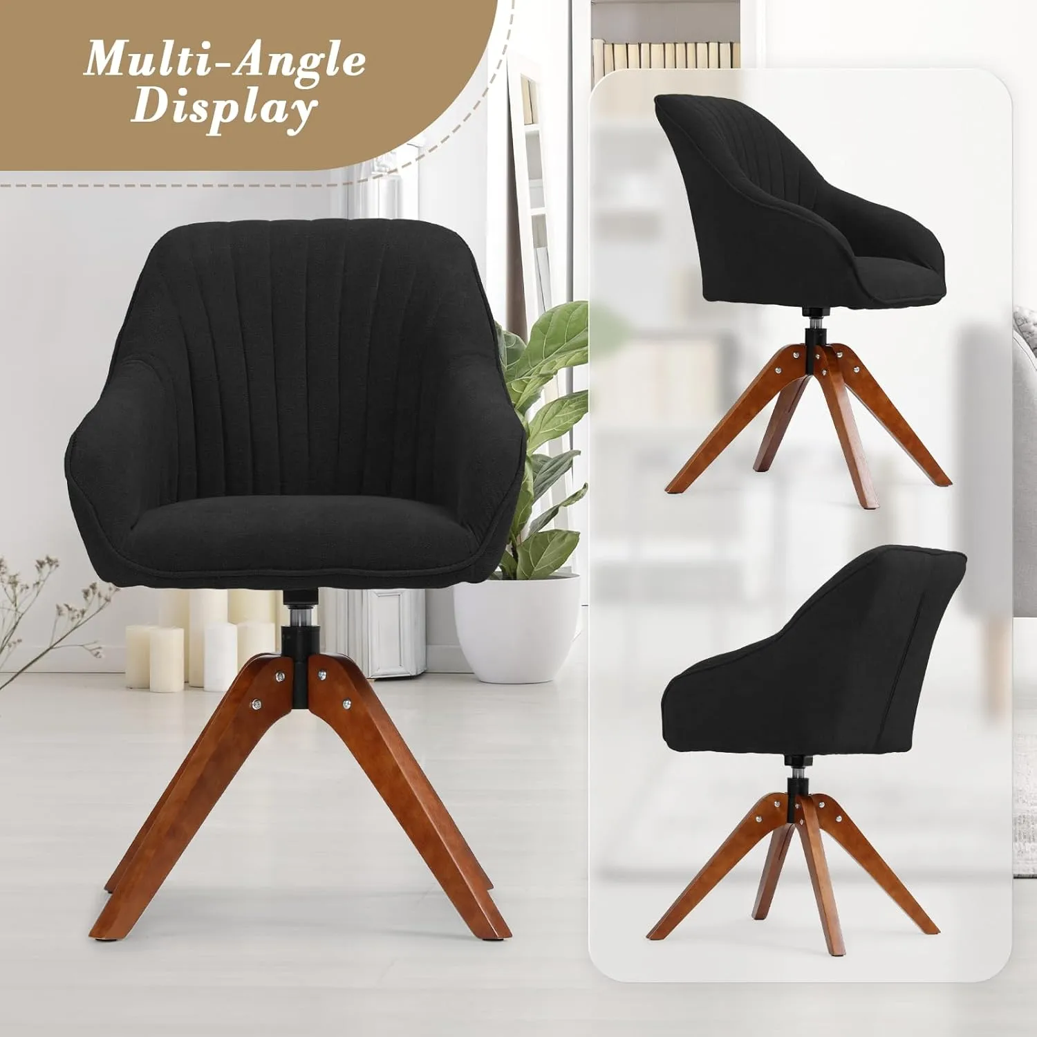 Athena Collection Modern Accent Chair, Comfy Swivel Reading Chair for Adults, Soft Upholstered Fabric Armchair with Wooden Legs for Living Room, Bedroom, Dorm, Office, Black