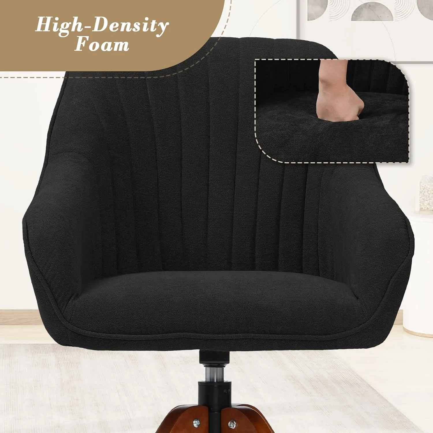 Athena Collection Modern Accent Chair, Comfy Swivel Reading Chair for Adults, Soft Upholstered Fabric Armchair with Wooden Legs for Living Room, Bedroom, Dorm, Office, Black